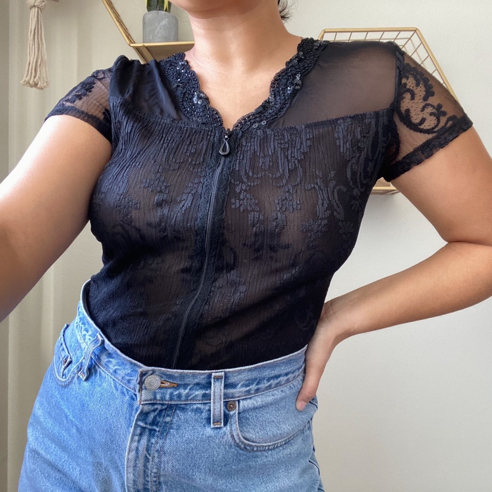 Beaded black lace blouse